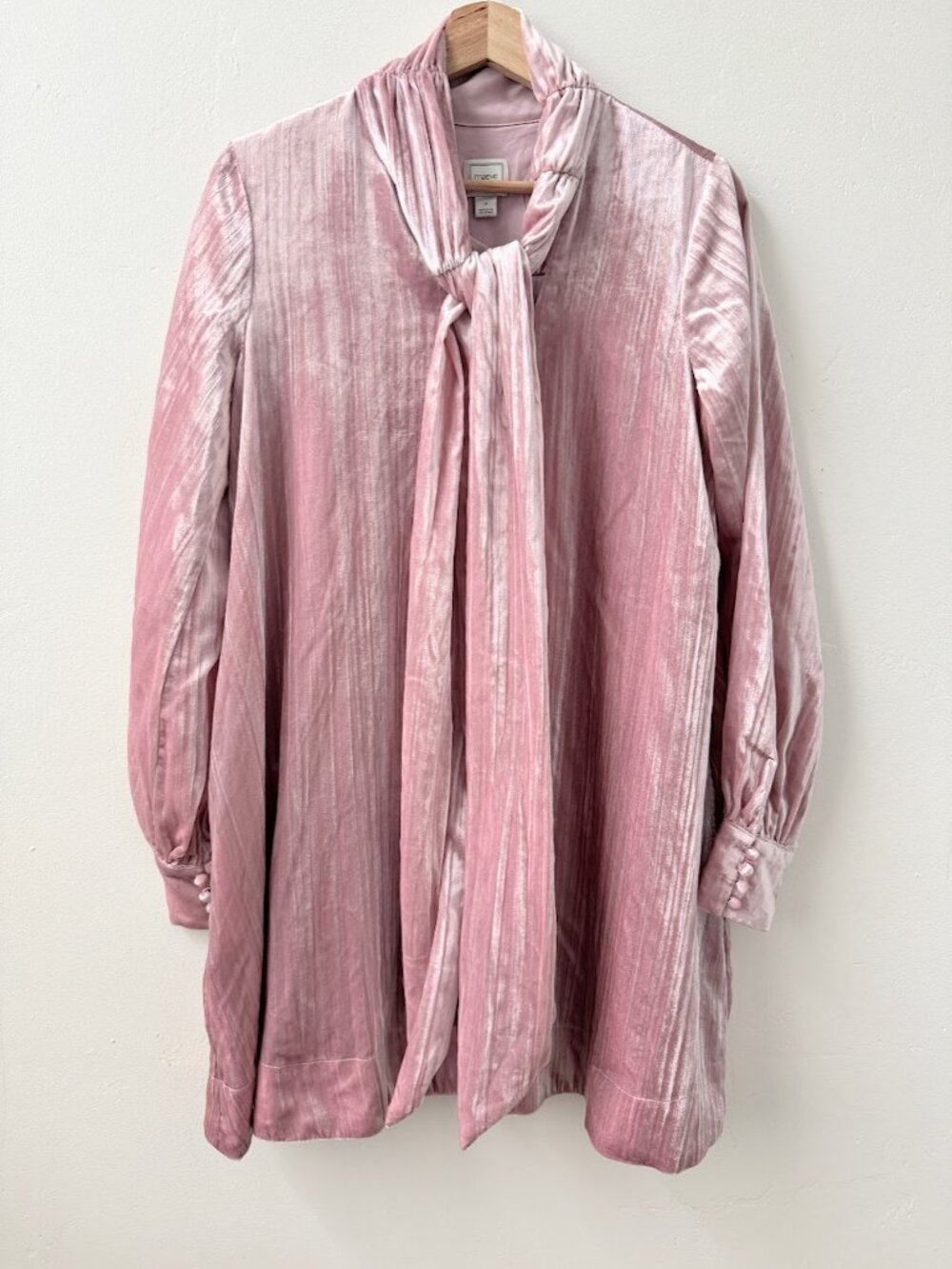 Maeve Velvet Mini Dress Pink Tie Neck Long Sleeve Anthropologie M Romantic - Picture 3 of 11